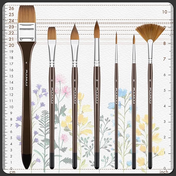Sable Watercolor Brushes Professional, Fuumuui 7Pcs Sable Brush Set Variety Shapes with Flat, Round Pointed, Cat's Tongue Oval Wash Fan Brush Perfect for Watercolor Gouache Inks Painting-DeskLoop Office
