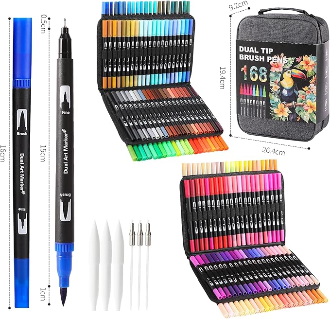 Double Brush Marker Pens, 168 Colors Art Markers Set with Fine Tip and Brush Tip for Kids Adult Coloring Book Hand Lettering Calligraphy Drawing Art Supplies Kit-DeskLoop Office