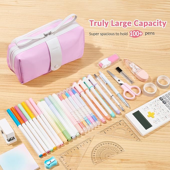 Sooez Big Capacity Pencil Case, Extra Large Pencil Pouch with Zipper Pocket, Wide Opening Pencil Bag, Portable Stationery Organizer, Cute Aesthetic School Office Supplies for Teens Girls Adults, Pink-DeskLoop Office