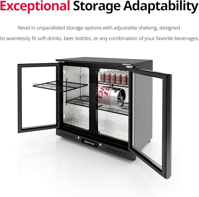 36 inch 206 cans Duo Hinged Door Back Bar Beverage Cooler, 6.75 cu. ft. Under Counter Glass Door Bar Fridge with hinged doors, lockable, 32-50°F Display Refrigerator, ETL Certified, Black-DeskLoop Office