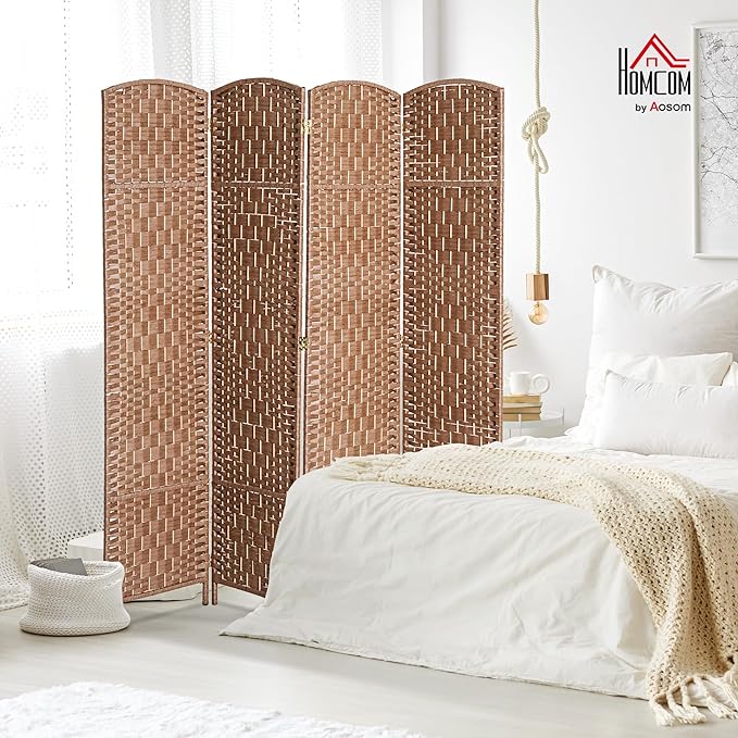 HOMCOM Room Divider 4 Panels Folding Privacy Screen 6FT Tall Portable Wicker Weave Partition Wall Divider for Bedroom Home Office, Natural Wood-DeskLoop Office