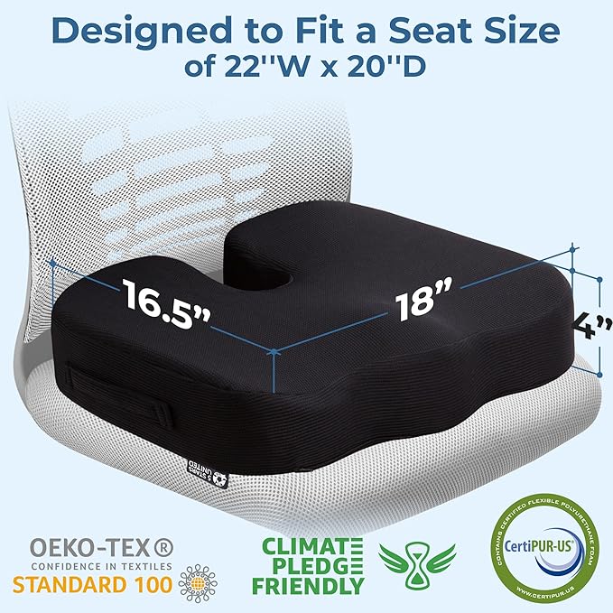 5 STARS UNITED Seat Cushion for Tailbone Pain Relief – Large Memory Foam Lifting Pillow for Coccyx, Hip, Sciatica & Post-Surgery Recovery – Wheelchair, Car, Desk, Gaming & Office Chairs, Black-DeskLoop Office