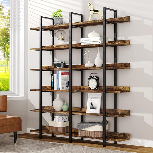 FRAPOW 83Inch Industrial Bookshelf and Bookcase, Double Wide 6 Tier Large Vintage Book Shelf with Metal Frame Open Bookshelves for Living Room Home Office-DeskLoop Office
