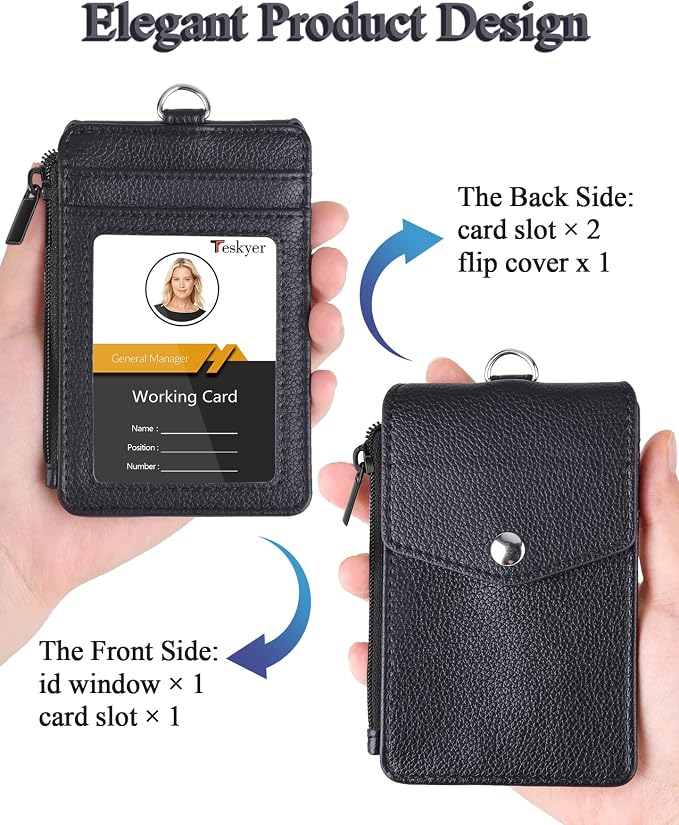 Teskyer ID Badge Holder with Lanyard, Lanyard Wallet, Lychee Black | 4-Card - Image 3