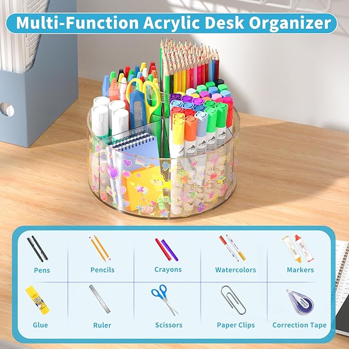 Acrylic Pen Holder with 2 Adhesive DIY Stickers, Desk Organizer Marker Holder with Cute Sticker, 360 Degree Office Supply Organizer Clear Pencil Holder Kid Art Supply Storage Organizer 6 Compartments-DeskLoop Office
