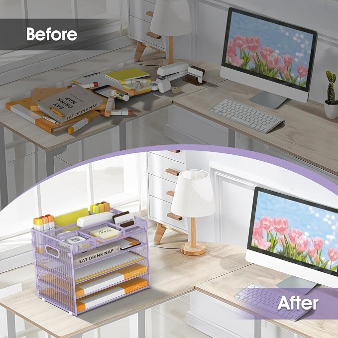 5 Tier Paper Letter Tray with 3 Drop-in Pen Holders, Mesh Desk File Organizer - Image 5