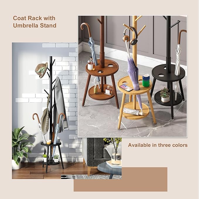 FILWH Freestanding Coat Rack with Umbrella Organizer Tray Bamboo Coat Tree Rack with 8 Hook Stand for Clothes Bag Hats Entryway Hanger Stand(Black)-DeskLoop Office
