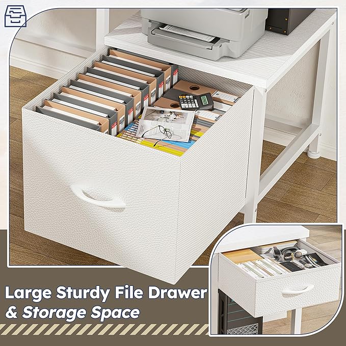 L Shaped Computer Desk with Drawers, Gaming Desk with LED Lights & Monitor Shelf, Office Desks with Power Outlets, Corner Desks for Home Office, Study Room and Bedroom, White-DeskLoop Office