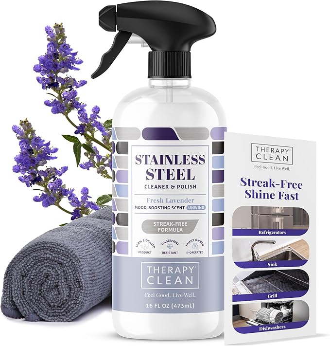 Therapy Stainless Steel Cleaner and Polish 100% USDA Biobased, Fingerprint and Residue Remover, Lavender Essential Oil Scent, Sink Cleaner, Grill Spray-DeskLoop Office