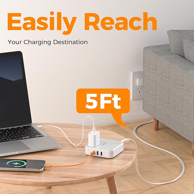 Flat Plug Extension Cord 5 Ft, TESSAN Surge Protector Power Strip Ring Pull with 3 USB (1 USB C) 4 Outlets, 900 Joules Protection, Desktop Charging Station for Home, Office, College, Dorm Room, Gray-DeskLoop Office