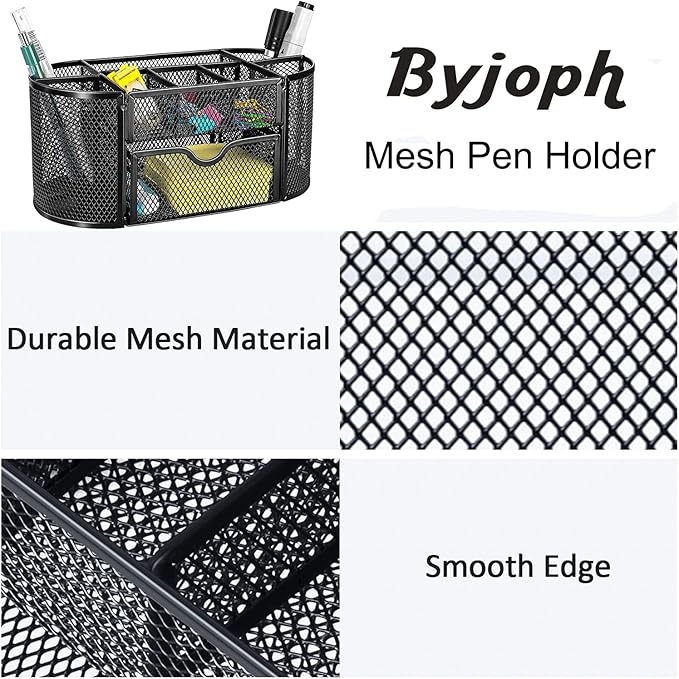 Black Mesh Pen Holder Desk Organizer Cute Office Supplies Pencil and Marker Organizers Oval Desk Caddy with 8 Compartments and 1 Drawer Workspace Accessories for Office School Home-DeskLoop Office