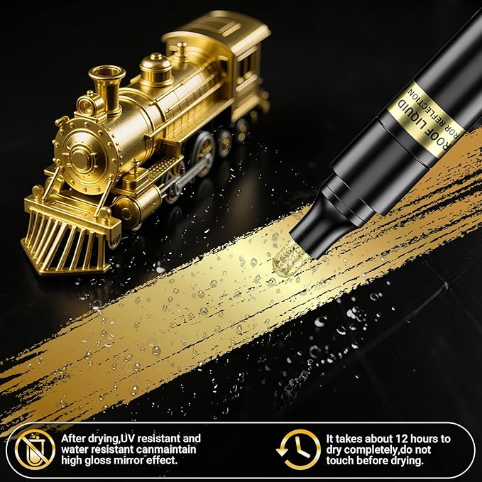 3Pcs Gold Liquid Mirror Chrome Markers, Permanent Reflective Metallic Gold Paint Pen, High Gloss Car DIY Model Painting, Touch Up Repair Kit for Plastic Metal Glass Fabric Ceremic Resins-DeskLoop Office
