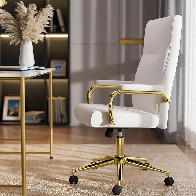 White and Gold Office Chair Memory Foam, White Leather Computer Desk Chairs with Wheels and Arms, High Back Executive Office Chair for Girl and Women-DeskLoop Office