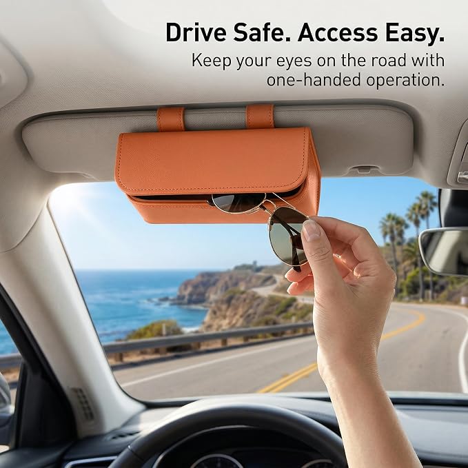 Magnetic Sunglasses Holder for Car Visor, PU Leather Clip, One-Handed Access - Image 4