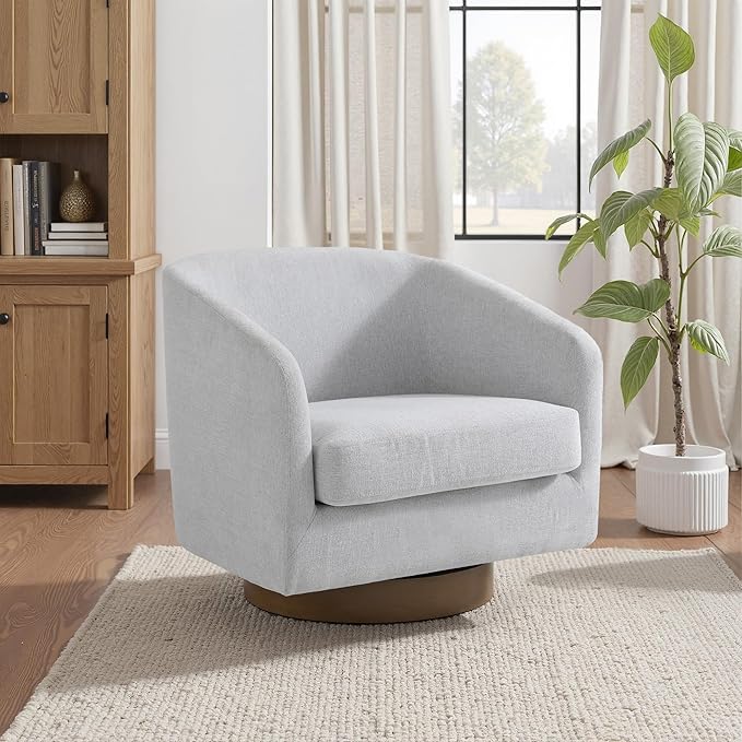 UIXE Swivel Accent Chair with Wood Base, Chenille Upholstered Barrel Chairs for Living Room, Comfy Round Armchair Single Sofa Bedroom Reading Seat - 31" W, Beige-DeskLoop Office