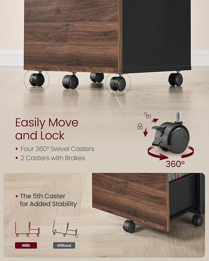 VASAGLE 2-Drawer File Cabinet, Small Rolling Filing Cabinet for Home Office, Printer Stand, for A4, Letter-Size Documents, 15.7 x 16.5 x 27.6 Inches, Natural Walnut and Ink Black UOFC040K01-DeskLoop Office