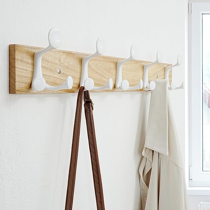 SKOLOO 24-Inch Natural Wood Coat Rack Wall Mount with 5 Triple Hooks - Ideal for Family Entrances, Classrooms, and Pet Supplies Storage - Perfect Coat Hooks for Wall-DeskLoop Office