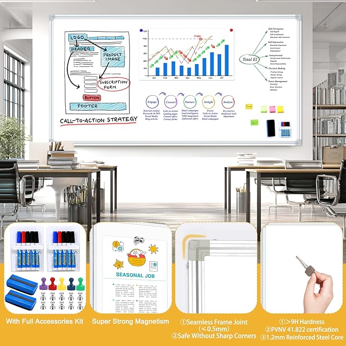 H-Qprobd 8'x4' Whiteboard Commercial-Grade Large Magnetic Dry Erase White Board for Wall - 96"x48" Presentation Boards for Business, Education & Government - Aluminum Frame Wall Mounted Whiteboard-DeskLoop Office