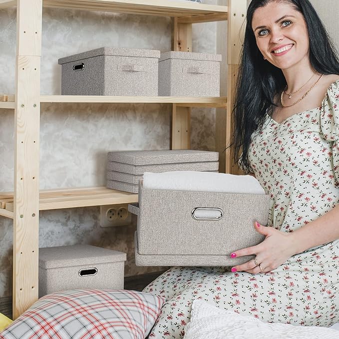 Large 17" 36 Quart Collapsible Stackable Storage Bins with Lids, 3 Packs Beige Linen Fabric Closet Boxes with Lids, Storage Cube Baskets Container Organizers for Bedroom Office(17 x12 x11)-DeskLoop Office
