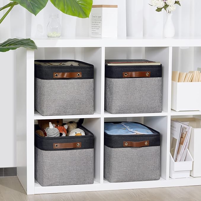 DULLEMELO Canvas Storage Bin with Handles, Fabric Bins for Shelves, Bedroom, Office,Nursery,Fabric Storage Baskets for Toys, Clothes,Gift(Black&Grey,15"x11"x9.5",4-Pack)-DeskLoop Office
