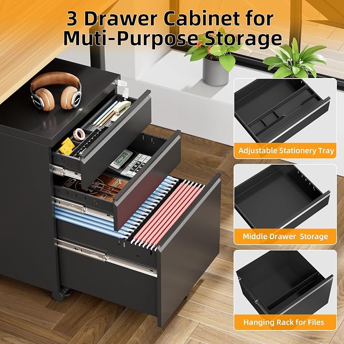 INTERGREAT 3 Drawer File Cabinet, Metal Filling Cabinets - Image 5