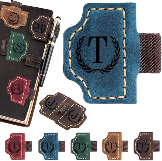 Artlaza Personalized Magnetic Leather Bookmark with Pen Holder - 26 Letters Custom Book Mark with Name Initial Engraved Book Marker for Readers, Book Lovers, Travelers - Gift for Women & Men(Blue，T