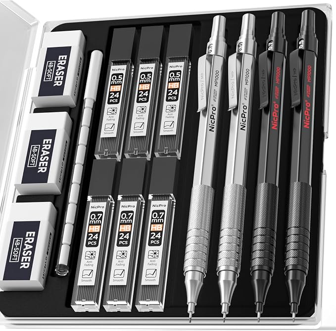 Nicpro 4 PCS Metal Mechanical Pencil Set 0.5 mm & 0.7mm by Nicpro
