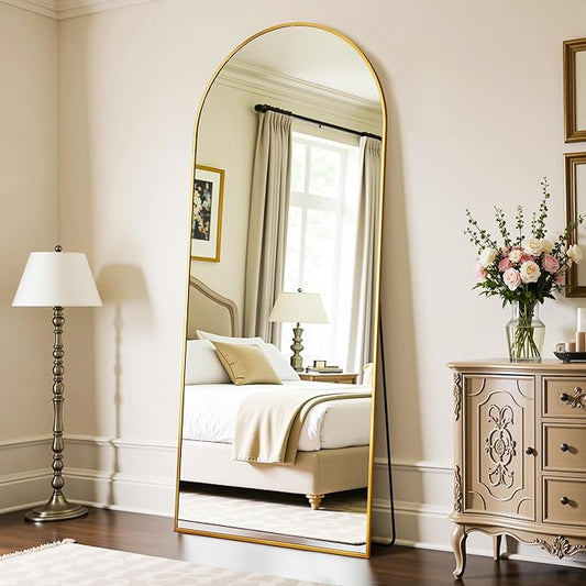 Full Length Mirror, 71"x26" Oversized Floor Mirror Freestanding, Full Body Mirror Floor Standing Mirrors with Stand, Hanging Mounted Mirrors for Bedroom Living Room, Gold, Arched Style-DeskLoop Office
