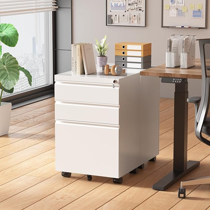 Superday White 3 Drawer Mobile Locking File Cabinet, Metal Rolling Vertical Filing Cabinet with Drawers, Small Under Desk File Cabinets for Office and Home, Fully Assemble-DeskLoop Office