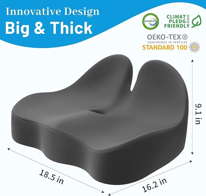 Seat Cushion, Memory Foam Office Chair Cushions, Ergonomic Curved Design for Sciatica, Tailbone, Coccyx, Seat Support for Car, Desk Chair, Wheelchair, Enhances Long Sitting Comfort (Grey)-DeskLoop Office
