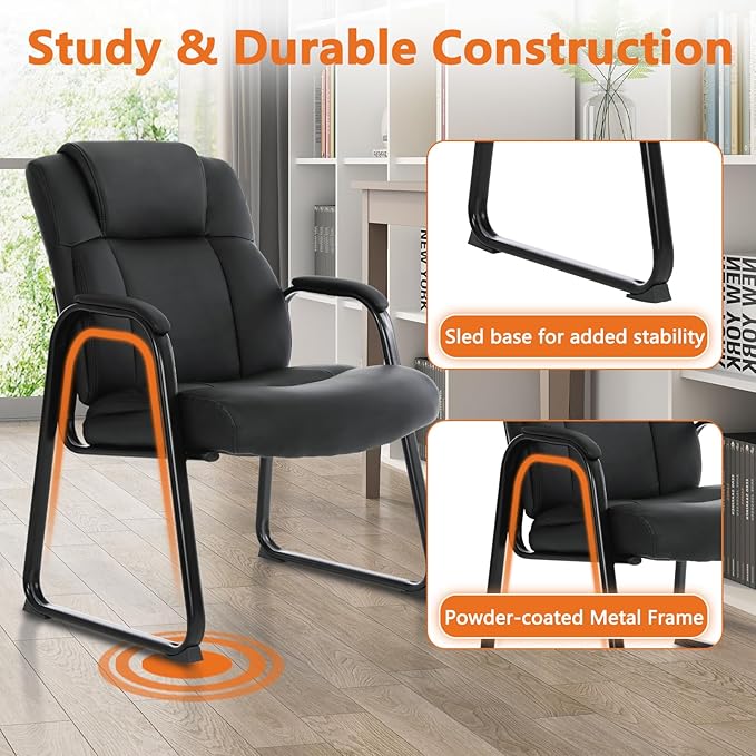 CLATINA Big & Tall 500 lb. Guest Chair, Leather Reception Chairs with Sled Base and Padded Arm Rest for Waiting Room Office Home and Meeting Conference-Black (8 Pack)-DeskLoop Office