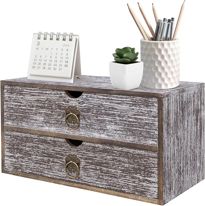 Wood Desk Organizer, Washed Brown Wooden Desktop Organizer by SEEKELEGANT