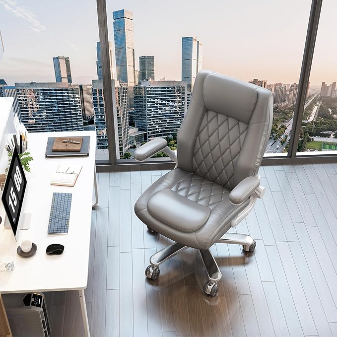 GYI O205P High Back Executive Office Chair, Big and Tall Office Chair 400LBS with Rubber Wheels,Ergonomic Adjustable Computer Desk Chairs with Padded Flip-up Armrests,Lumbar Support (Grey)-DeskLoop Office