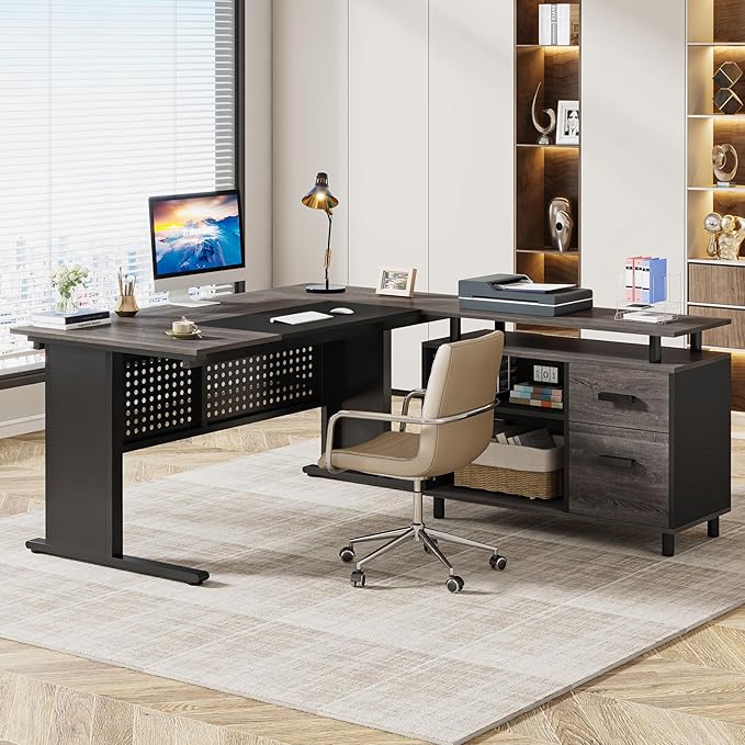 Tribesigns 63 Inch Executive Desk with File Cabinet, Large Office Desk L Shaped Computer Desk with Drawers and Storage Shelves, Business Furniture Desk Workstation for Home Office, Gray and Black-DeskLoop Office