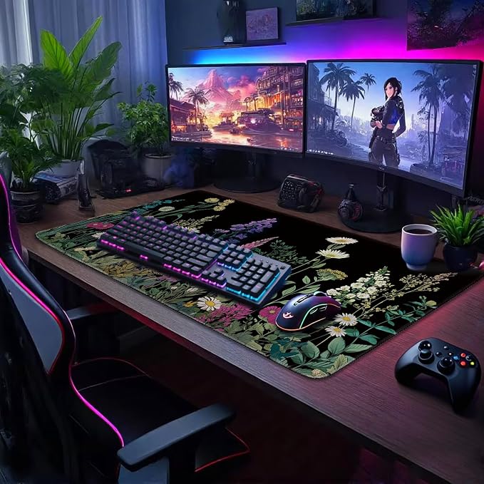 Wildflower Black Large Gaming Mouse Pad 31.5"x15.7"｜ XXL Desk Mat, Non-Slip - Image 3