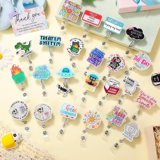 Feifeiya 24 Pcs Funny Badge Reel Nurse Cute Retractable Name ID Clip Badge - Image 4