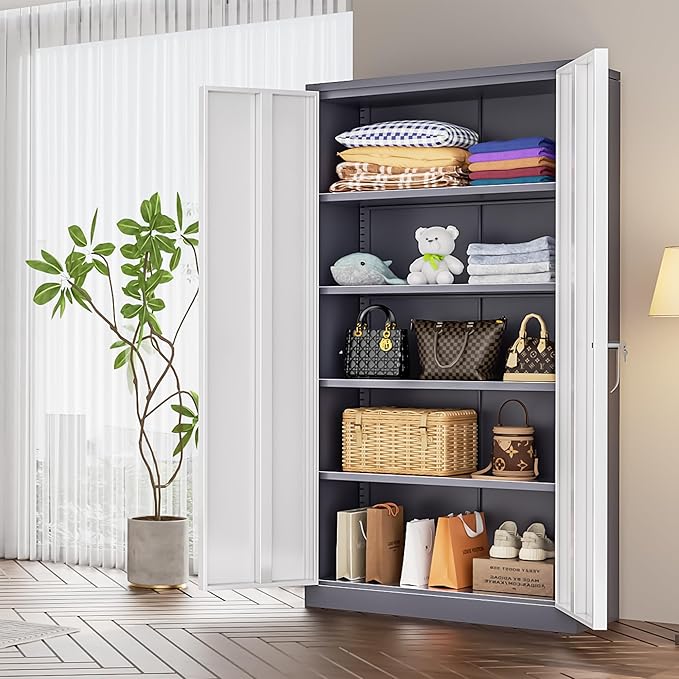 INTERGREAT Garage Storage Cabinets with Doors and Shelves,72" Grey White Steel Tool Locking Cabinet, Metal Storage Cabinet for Home Office, Warehouse, School-DeskLoop Office