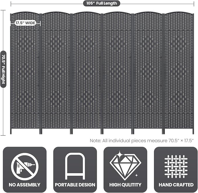 Cocosica 6 Panel Room Divider, 6Ft Folding Privacy Screen, Tall - Image 3