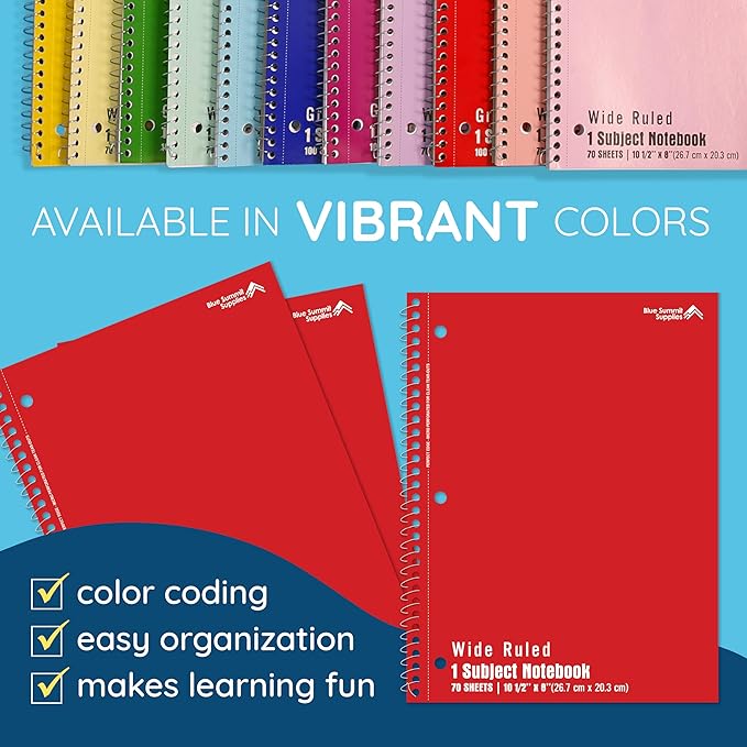 Blue Summit Red Wide Ruled Spiral Notebooks Bulk, 1 Subject Spiral Notebook Wide Ruled, Paper School Bulk Notebooks, 48 Pack-DeskLoop Office