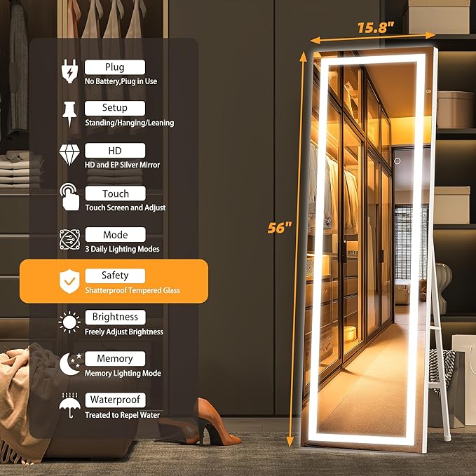 Hasipu Full Length Mirror with Lights, 56" x 15.8" LED Floor Mirror, Full Body Dressing Standing, Hanging Mounted Mirror for Living Room Bedroom Cloakroom, Square White-DeskLoop Office