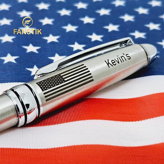 Customized BallPoint pen with name and US Flag (MADE IN USA), stainless steel, silver, luxury engraved pen personalized for men and for women. (BallPoint US-Flag)-DeskLoop Office