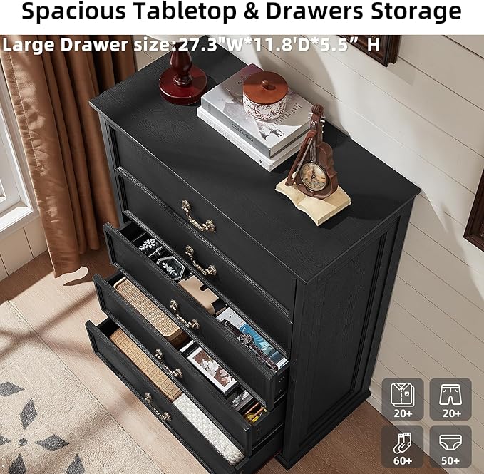 Farmhouse 5 Drawer Dresser Set of 2 for Bedroom, 45" Tall Rustic Chests of Drawers w/ 4 Solid Wood Feet, Vintage Mid Century Wooden Closet Storage Dressers Organizer for Living Room, Black-DeskLoop Office