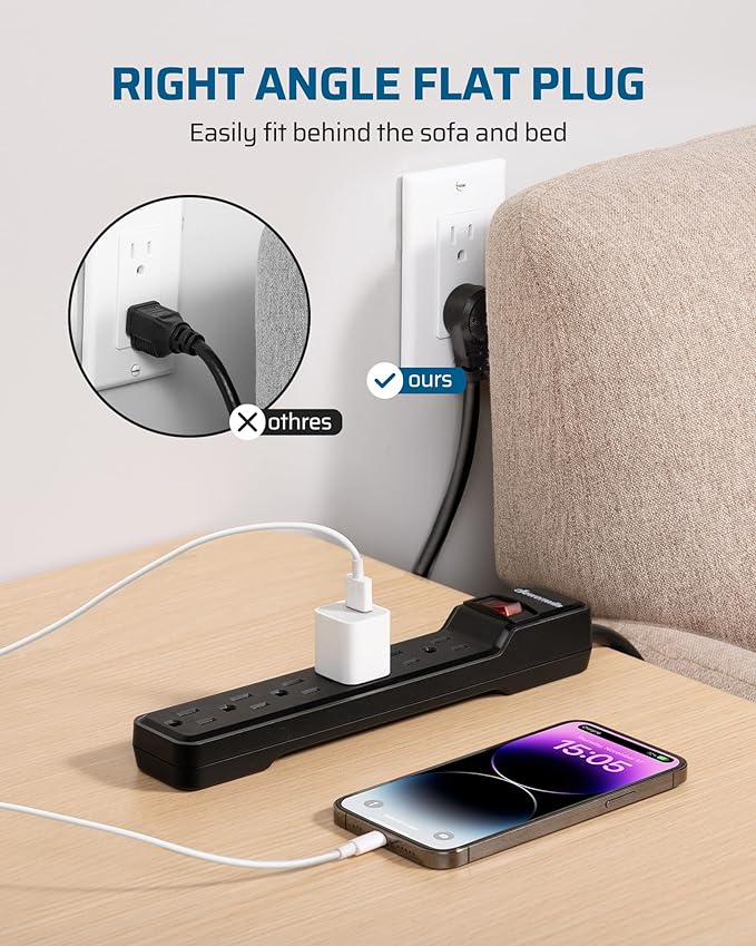 DEWENWILS 6-Outlet Power Strip Surge Protector, 15FT Long Extension Cord, Low Profile Flat Plug, 15 Amp Circuit Breaker, 500 Joules, Wall Mount, Black, UL Listed-DeskLoop Office