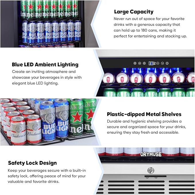 24" Beverage Refrigerator & Cooler, 180 Cans Under Counter Fridge with Lock, Glass Door & Powerful Cooling Compressor - Quiet, Built-in/Freestanding Drink Fridge-DeskLoop Office