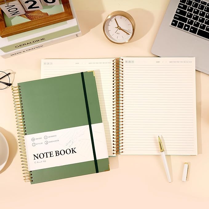 Large Spiral Notebook College Ruled with Tab Stickers A4 Notebooks for School Supplies Hardcover Spiral Notebook 8.5 x 11 Journal Note Book for Work Note Taking Women Men Writing, 220 Pages, Green-DeskLoop Office