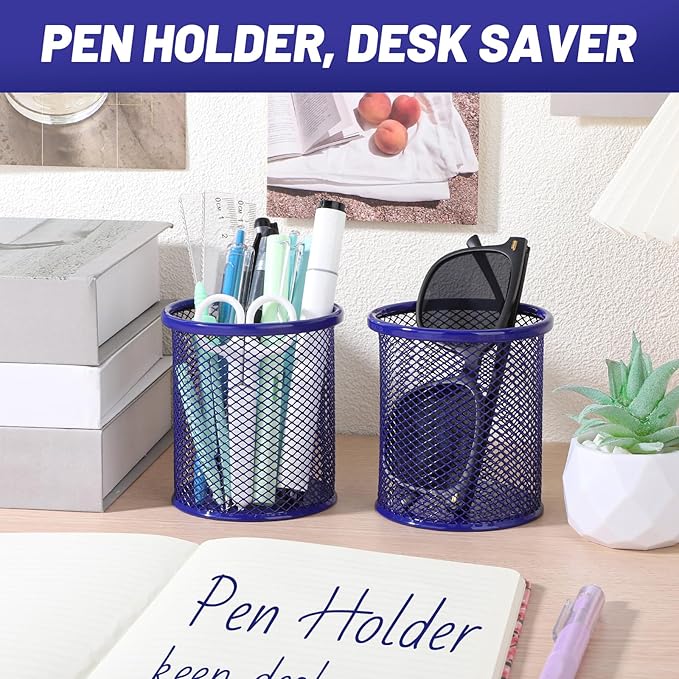 Segarty Pen Cup, 6 Pack Round Cute Dark Blue Pen Holder for Desk, Wire Mesh Pencil Holder Container Set, Desktop Organizer for Office Supplies, Maker, School, Home Storage, Makeup Brush-DeskLoop Office