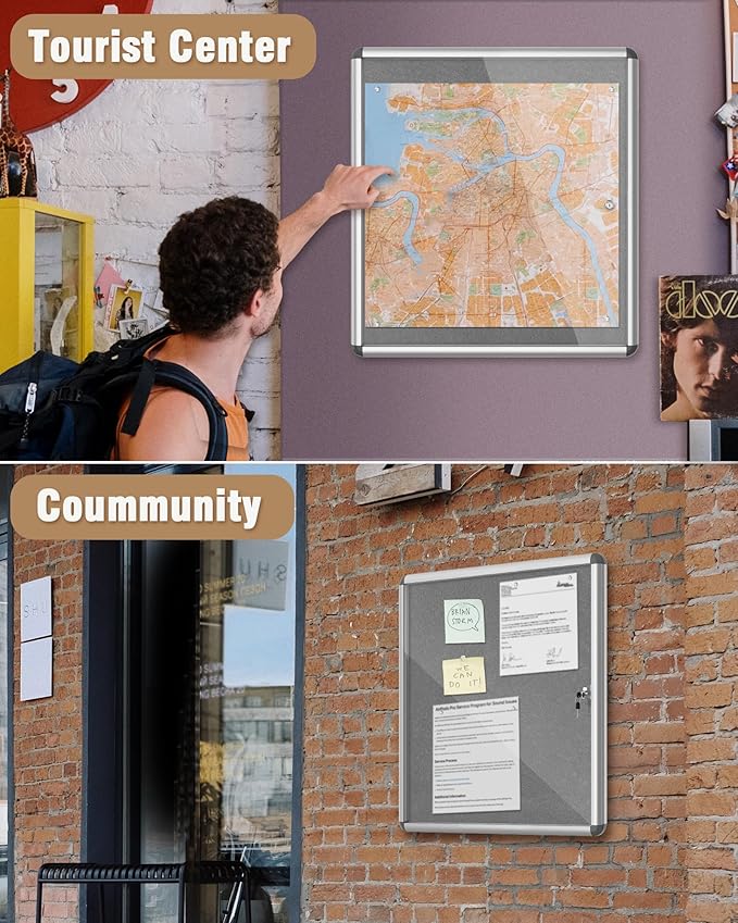 28"x26" Enclosed Bulletin Board, Lockable Weather-Resistant Aluminum Cork Noticeboard for School & Office, Silver Frame w/Grey Flet-DeskLoop Office