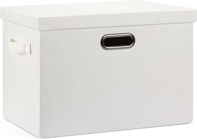 Large 17" 36 Quart Collapsible Stackable Storage Bins with Lids, 1 Pack White Foldable Fabric Closet Storage Boxes with Lids, 4 Handles Heavy-duty Linen Cube Baskets for Bedroom-DeskLoop Office