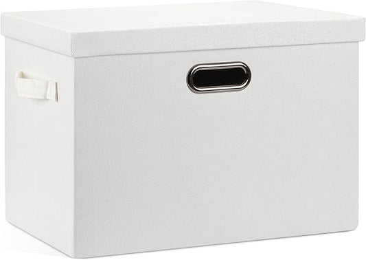 Large 17" 36 Quart Collapsible Stackable Storage Bins with Lids, 1 Pack White Foldable Fabric Closet Storage Boxes with Lids, 4 Handles Heavy-duty Linen Cube Baskets for Bedroom-DeskLoop Office