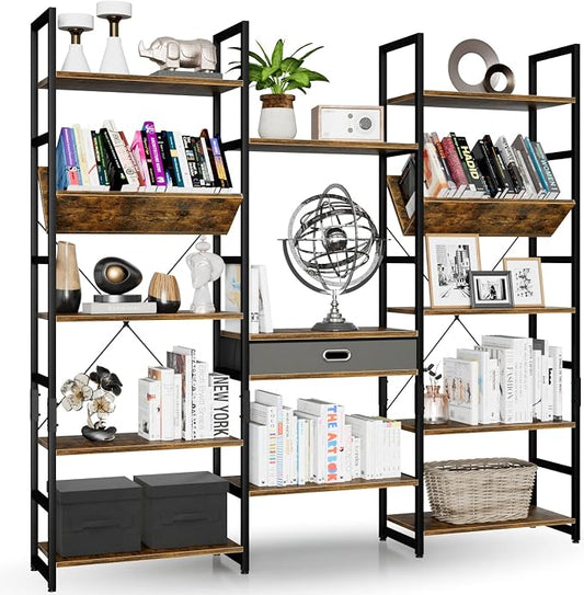 NUMENN Triple Wide 5 Tier Bookshelf, Adjustable Rustic Industrial Style Book by NUMENN